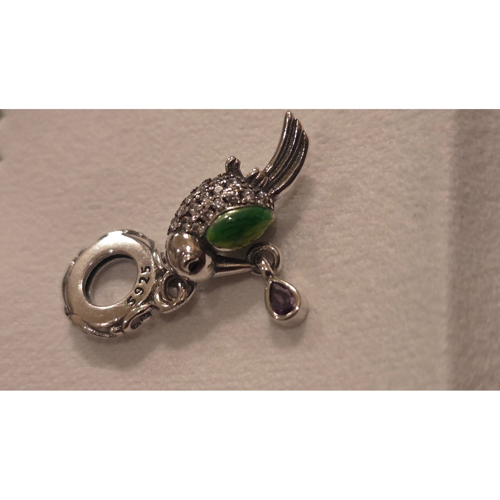 Yuminn 925‎ Sterling Silver Parrot Bird Dangle Charm Green Enamel Purple Stone